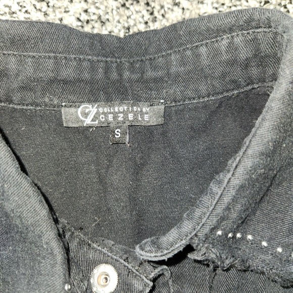 Western Black Button Up Long Sleeve RawHem Rhinestone Fringe Nashville Cezele S - Picture 2 of 9